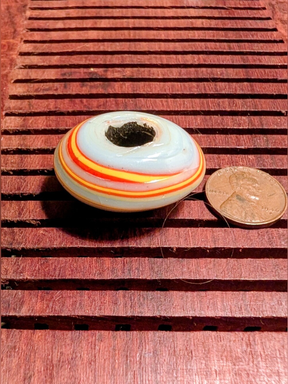 Vintage Handcrafted Macrame White Glass Bead with Orange and Red Stripes
